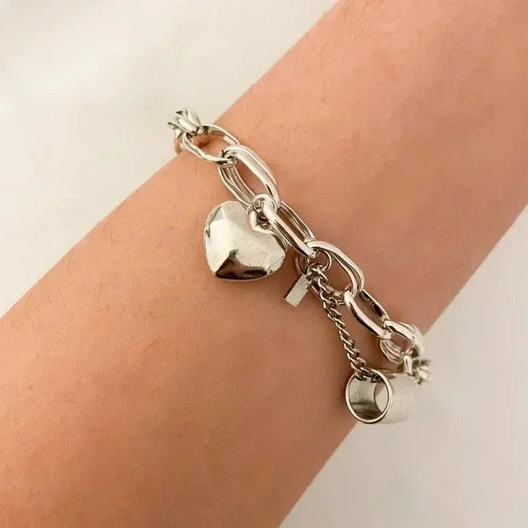 925 Sterling Silver Heart Link Bracelet Chunky Statement Bracelet Heart Charm - Picture 1 of 10